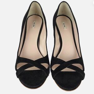 Miu Miu Cross Strap Stiletto Heel Black Suede Open Top Pump